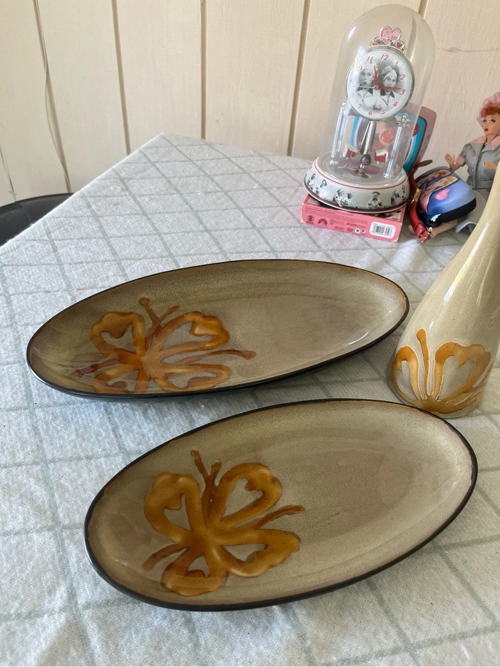 Pier 1 Imports Kioko set.  Stoneware oil bottle and 2 oval serving platters.